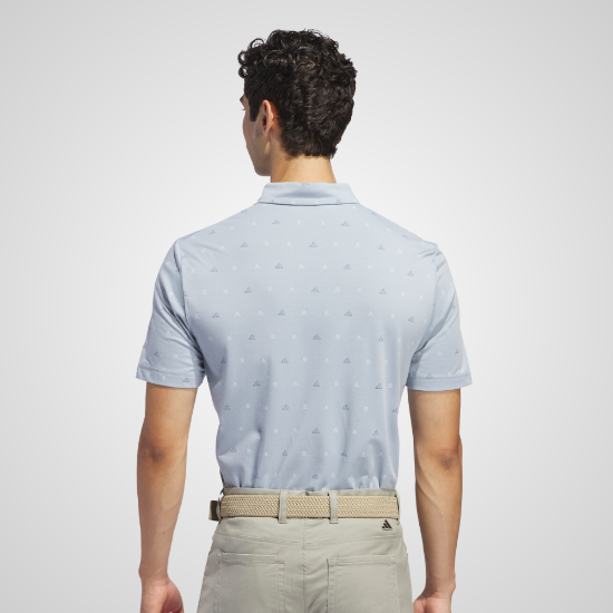 Model wearing adidas Men's Go To Print 2 Light Grey Golf Polo Shirt Back View