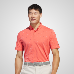 Model wearing adidas Men's Go To Print 2 Preloved Scarlet Golf Polo Shirt Front View