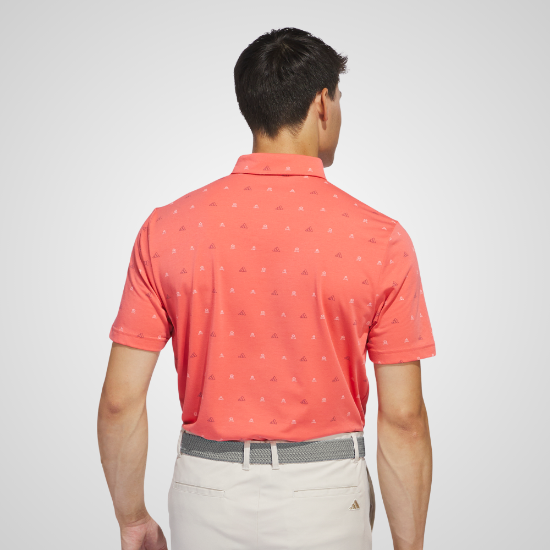 Model wearing adidas Men's Go To Print 2 Preloved Scarlet Golf Polo Shirt Back View