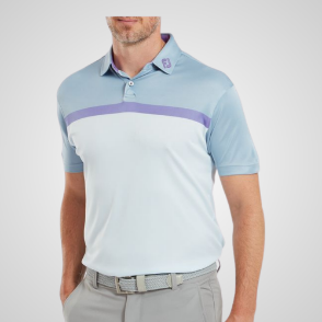 Model wearing FootJoy Men's Colour Block Mist Grey Golf Polo Shirt Front View