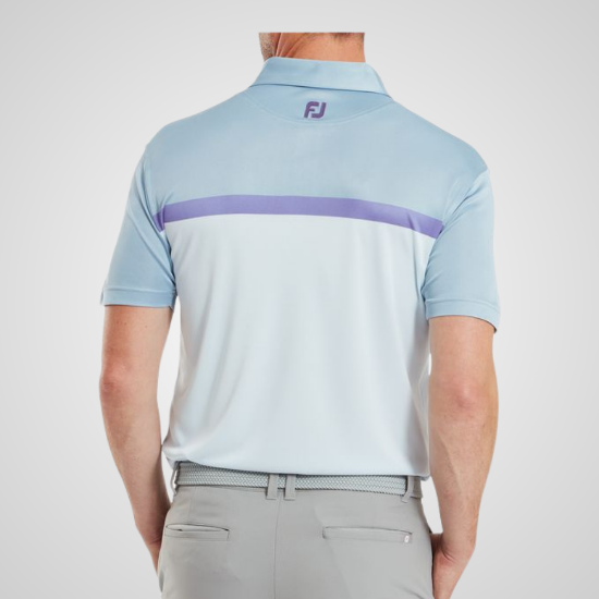 Model wearing FootJoy Men's Colour Block Mist Grey Golf Polo Shirt Back View