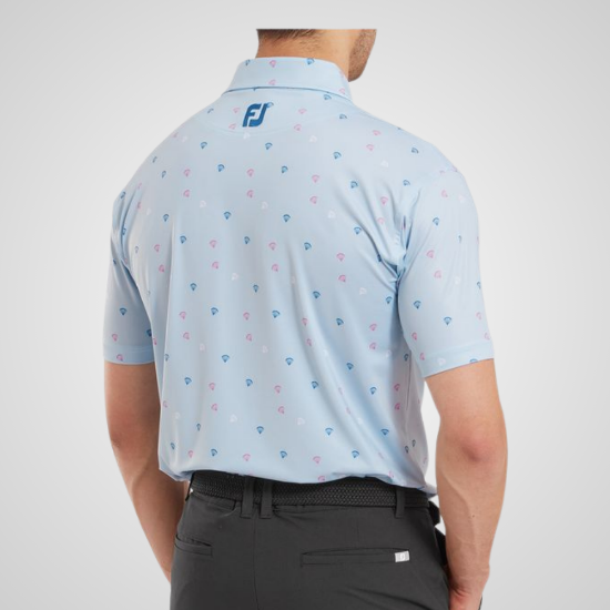 Model wearing FootJoy Men's Parachute Print Mist Grey Golf Polo Back View