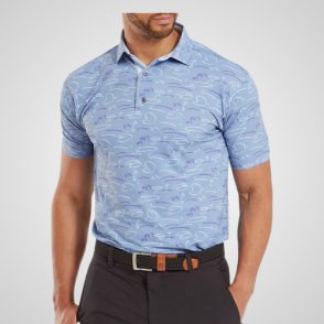 Model wearing FootJoy Men's Golf Course Doodle Pique Storm Golf Polo Shirt Front View