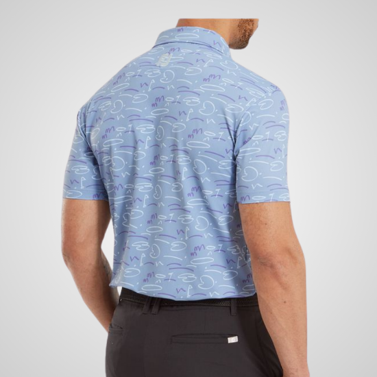 Model wearing FootJoy Men's Golf Course Doodle Pique Storm Golf Polo Shirt Back View