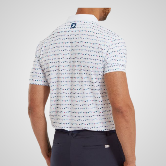 Model wearing FootJoy Men's Flag Banner Print Lisle White Golf Polo Shirt Back View