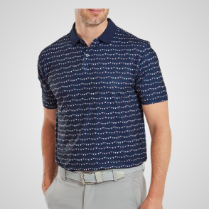 Model wearing FootJoy Men's Flag Banner Print Lisle Navy Golf Polo Shirt Front View