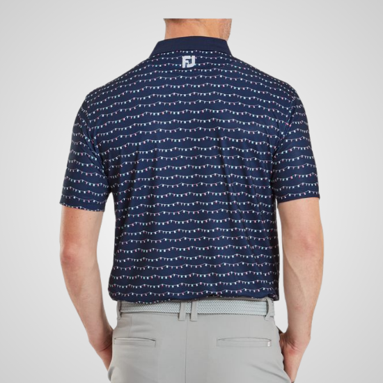 Model wearing FootJoy Men's Flag Banner Print Lisle Navy Golf Polo Shirt Back View