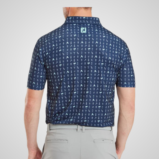 Model wearing FootJoy Men's "The 19th Hole" Navy Golf Polo Shirt Back View