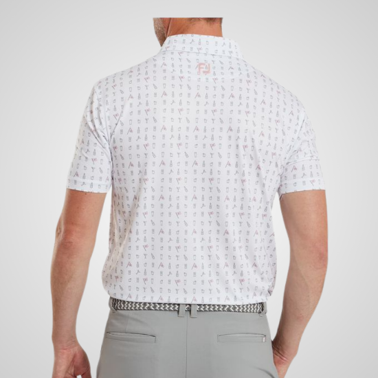 Model wearing FootJoy Men's "The 19th Hole" White Golf Polo Shirt Back View