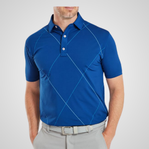 Model wearing FootJoy Men's Raker Print Lisle Deep Blue Golf Polo Shirt Front View