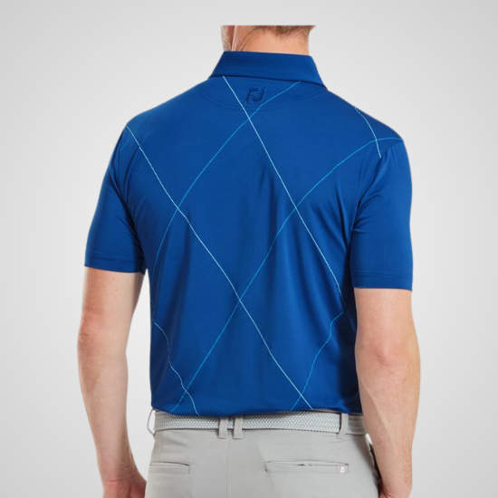 Model wearing FootJoy Men's Raker Print Lisle Deep Blue Golf Polo Shirt Back View