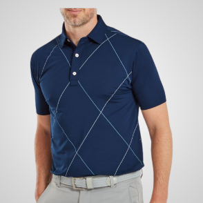 Model wearing FootJoy Men's Raker Print Lisle Navy Golf Polo Shirt Front View