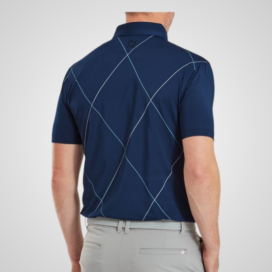 Model wearing FootJoy Men's Raker Print Lisle Navy Golf Polo Shirt Back View