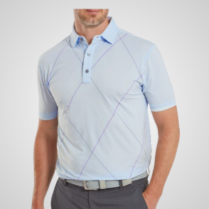 Model wearing FootJoy Men's Raker Print Lisle Mist Golf Polo Shirt Front View