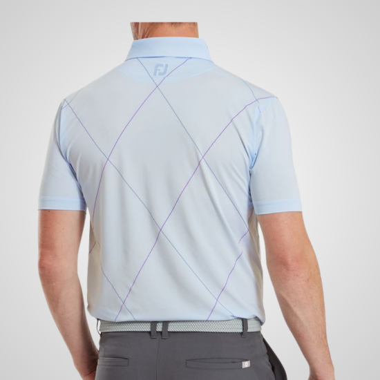 Model wearing FootJoy Men's Raker Print Lisle Mist Golf Polo Shirt Back View