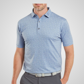 Model wearing FootJoy Men's Painted Floral Lisle Storm Grey Golf Polo Shirt Front View