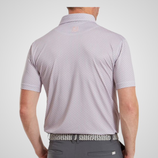 Model wearing FootJoy Men's Scallop Shell Foulard Lisle Light Pink Golf Polo Shirt Back View