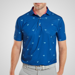 Model wearing FootJoy Men's Thistle Print Lisle Deep Blue Golf Polo Shirt Front View