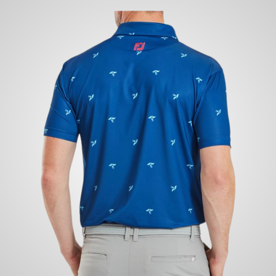 Model wearing FootJoy Men's Thistle Print Lisle Deep Blue Golf Polo Shirt Back View