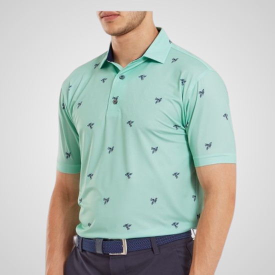 Model wearing FootJoy Men's Thistle Print Lisle Sea Glass Golf Polo Shirt Front View