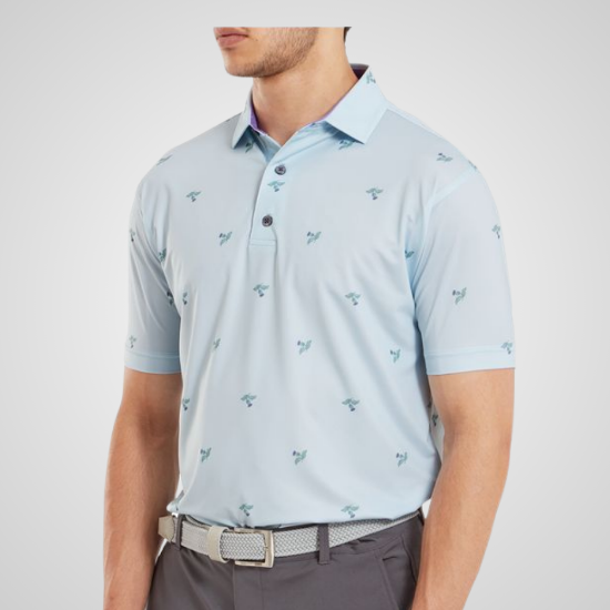 Model wearing FootJoy Men's Thistle Print Lisle Mist Golf Polo Shirt Front View