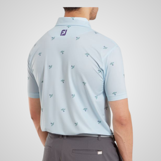 Model wearing FootJoy Men's Thistle Print Lisle Mist Golf Polo Shirt Back View