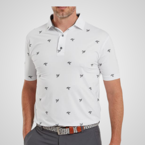 Model wearing FootJoy Men's Thistle Print Lisle White Golf Polo Shirt Front View