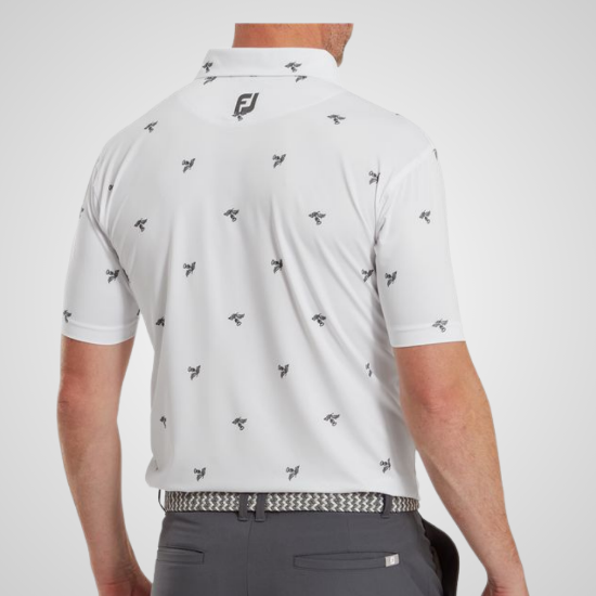 Model wearing FootJoy Men's Thistle Print Lisle White Golf Polo Shirt Back View