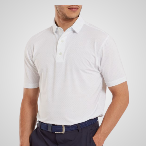 Model wearing FootJoy Men's Stretch Lisle Dot Print White Golf Polo Shirt Front View