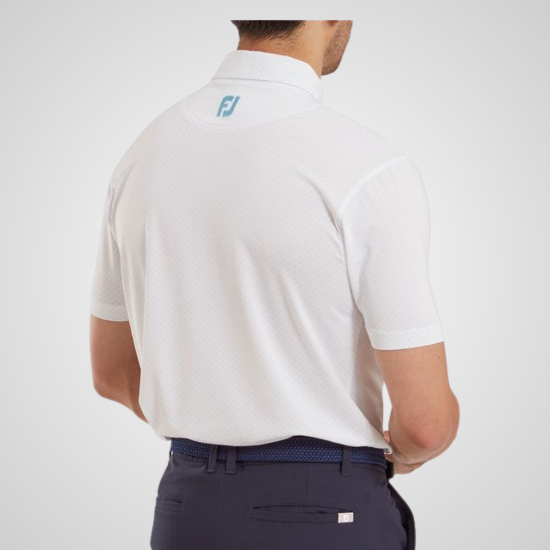 Model wearing FootJoy Men's Stretch Lisle Dot Print White Golf Polo Shirt Back View