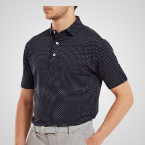 Model wearing FootJoy Men's Stretch Lisle Dot Print Navy Golf Polo Shirt Front View