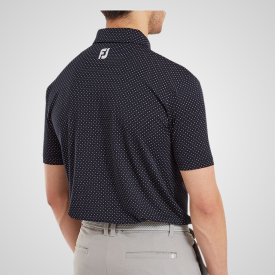 Model wearing FootJoy Men's Stretch Lisle Dot Print Navy Golf Polo Shirt Back View