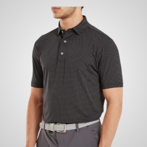 Model wearing FootJoy Men's Stretch Lisle Dot Print Black Golf Polo Shirt Front View