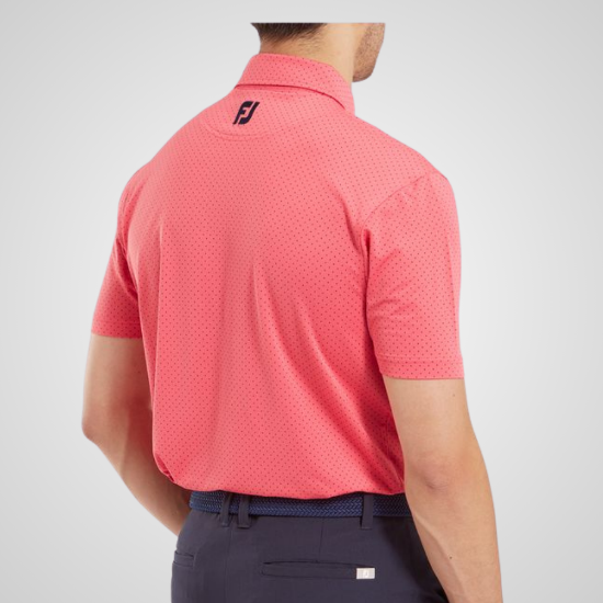 Model wearing FootJoy Men's Stretch Lisle Dot Print Coral Red Golf Polo Shirt Back View