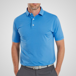 Model wearing FootJoy Men's Stretch Lisle Dot Print Ocean Golf Polo Shirt Front View