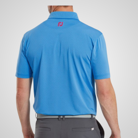 Model wearing FootJoy Men's Stretch Lisle Dot Print Ocean Golf Polo Shirt Back View