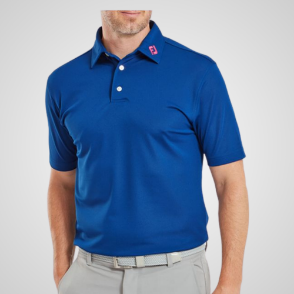 Model wearing FootJoy Men's Stretch Pique Solid Deep Blue Golf Polo Shirt Front View