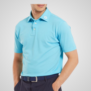 Model wearing FootJoy Men's Stretch Pique Solid Riviera Blue Golf Polo Shirt Front View