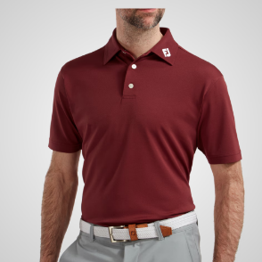 Model wearing FootJoy Men's Stretch Pique Solid Maroon Golf Polo Shirt Front View