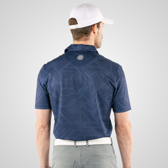 Model wearing Galvin Green Men's Maze V8+ Navy Golf Polo Shirt Back View