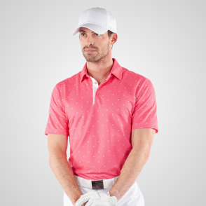 Model wearing Galvin Green Men's Miklos V8+ Rose Golf Polo Shirt Front View