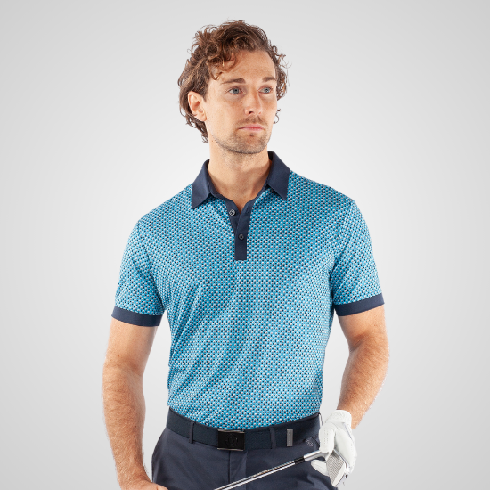 Model wearing Galvin Green Men's Mate V8+ Blue Golf Polo Shirt Front View