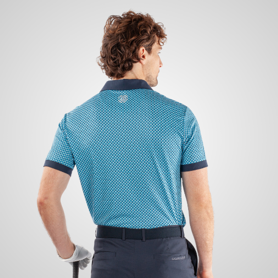 Model wearing Galvin Green Men's Mate V8+ Blue Golf Polo Shirt Back View
