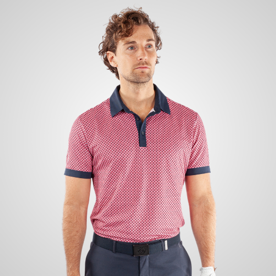 Model wearing Galvin Green Men's Mate V8+ Rose Golf Polo Shirt Front View
