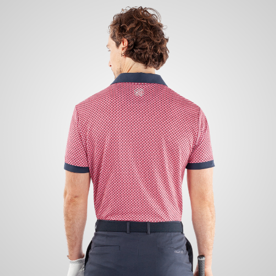 Model wearing Galvin Green Men's Mate V8+ Rose Golf Polo Shirt Back View