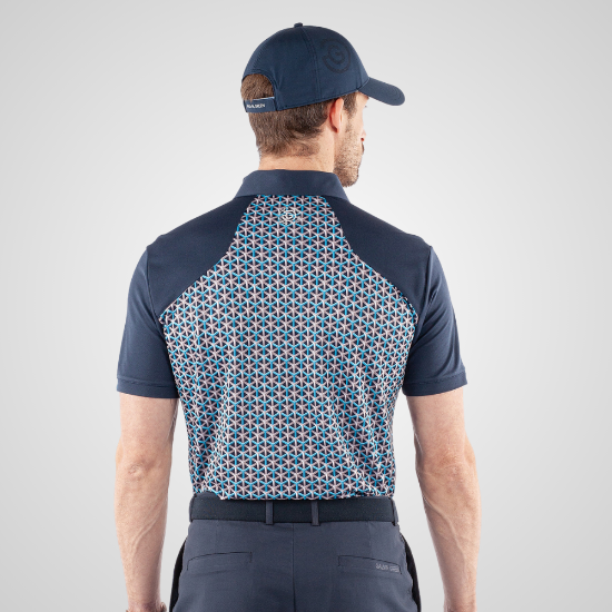 Model wearing Galvin Green Men's Mio V8+ Blue Golf Polo Shirt Back View