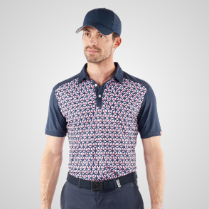 Model wearing Galvin Green Men's Mio V8+ Rose Golf Polo Shirt Front View