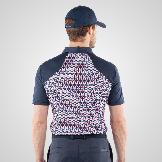 Model wearing Galvin Green Men's Mio V8+ Rose Golf Polo Shirt Back View