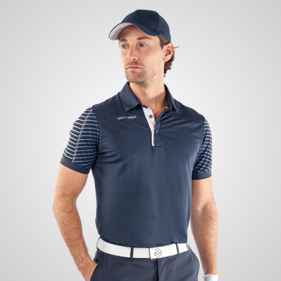 Model wearing Galvin Green Men's Milion V8+ Navy Golf Polo Shirt Front View