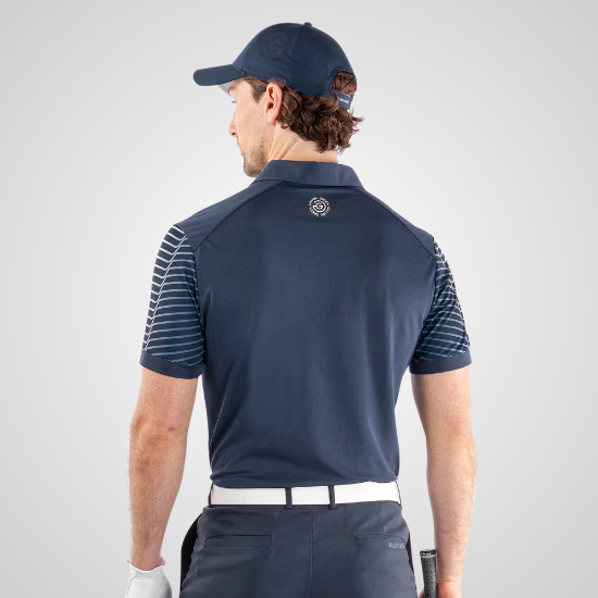 Model wearing Galvin Green Men's Milion V8+ Navy Golf Polo Shirt Back View